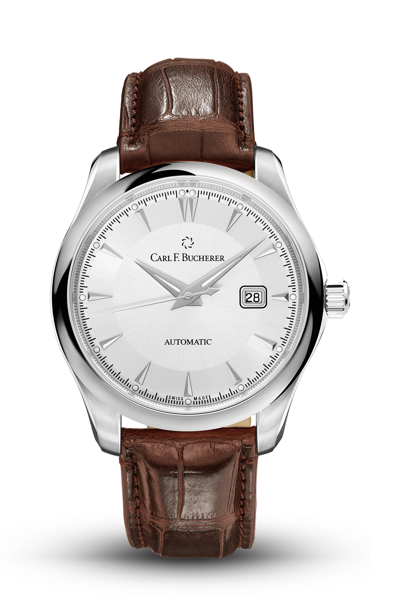 manero autodate in stainless steel with a white dial