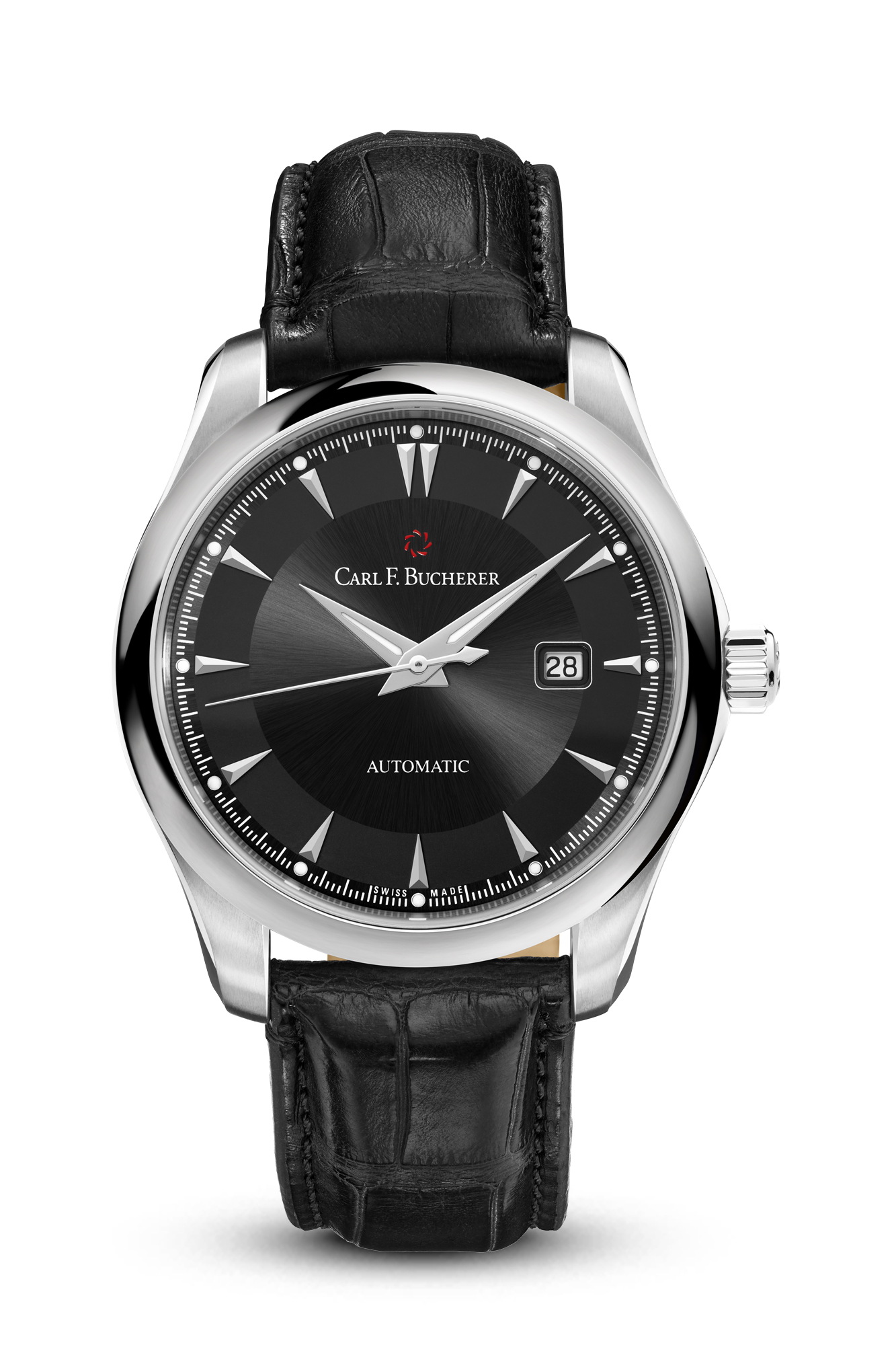 manero autodate in stainless steel with a white dial