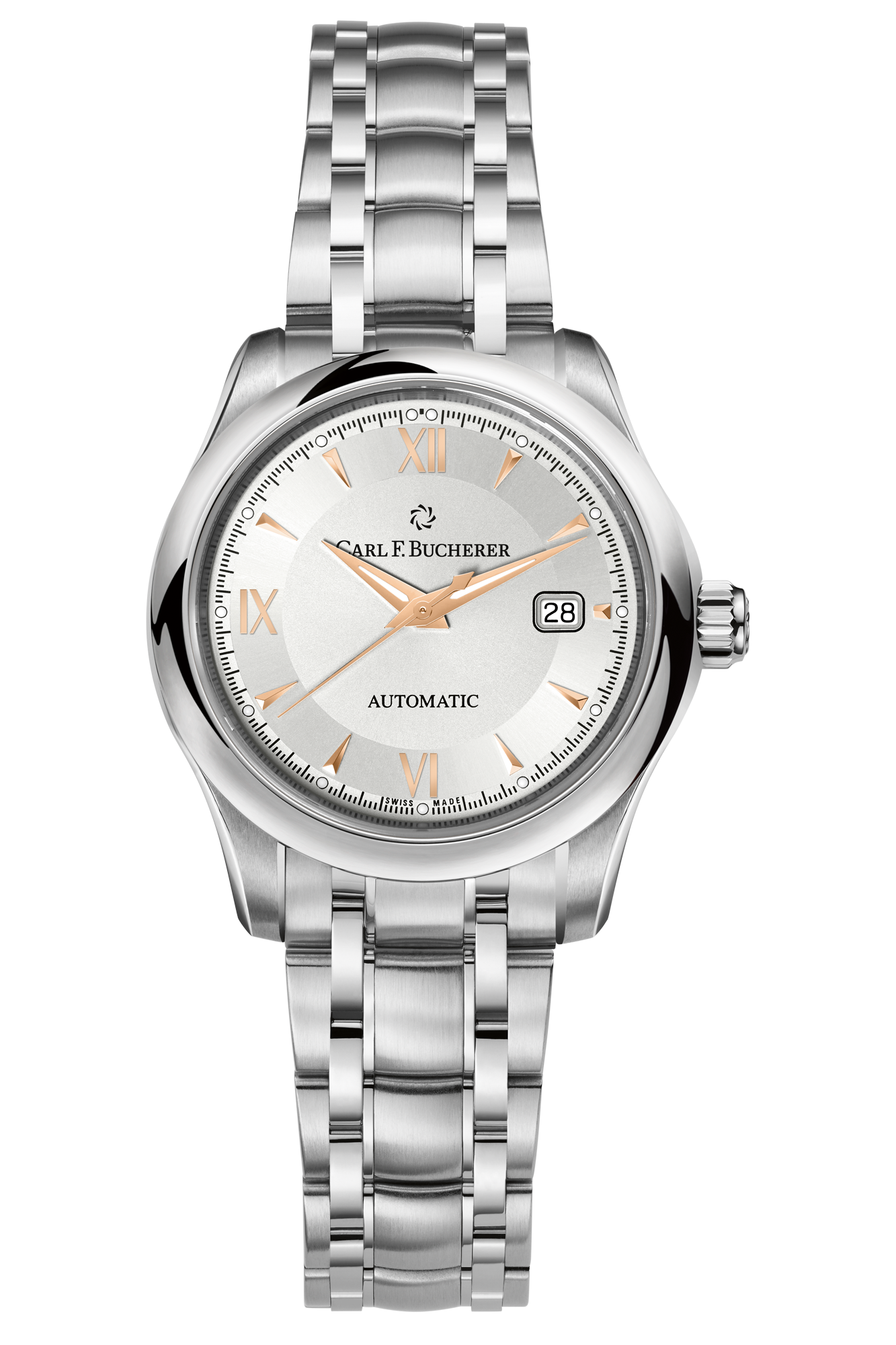 manero autodate in stainless steel with a white dial